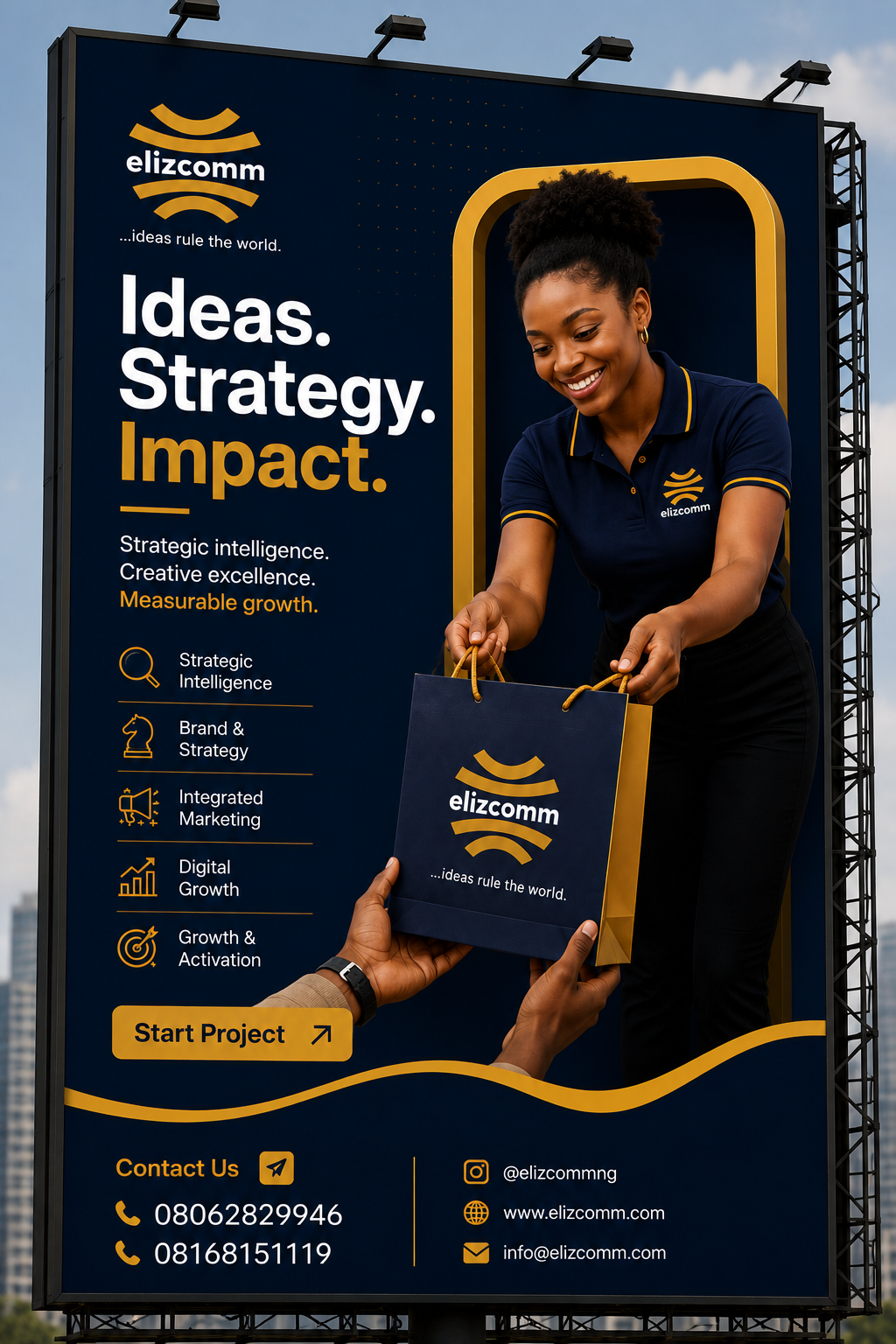 Elizcomm strategic out-of-home billboard campaign — Ideas. Strategy. Impact.